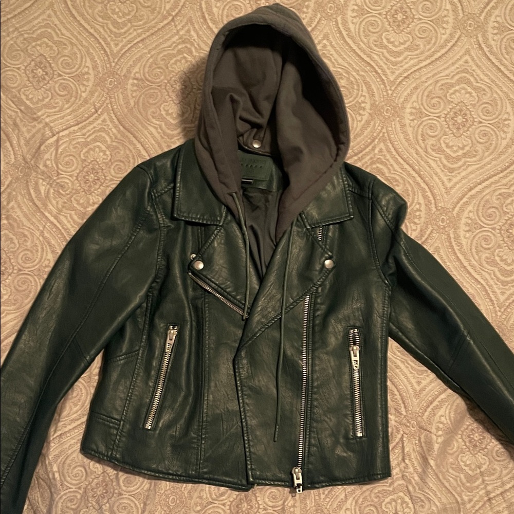 Blank NYC Dark Green Leather Jacket with Hood